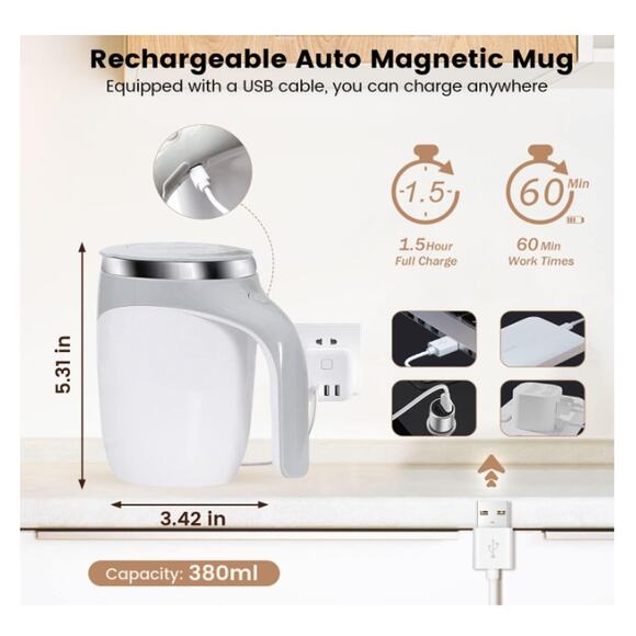 Self Stirring Mug, Electric Self Mixing Auto Magnetic Recharge 380ML Stainless - Picture 2 of 6
